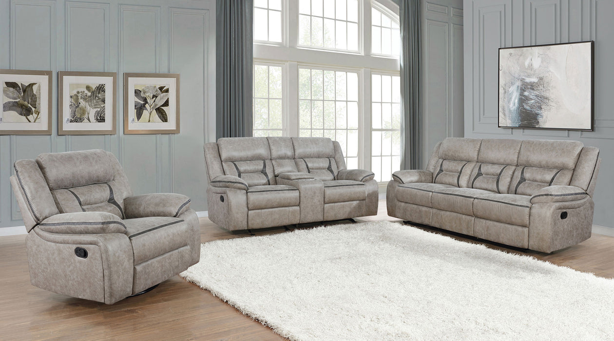 Greer Upholstered Motion Reclining Sofa Taupe