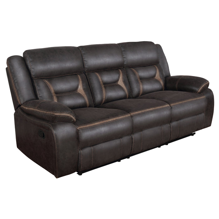 Greer Upholstered Motion Reclining Sofa Brown