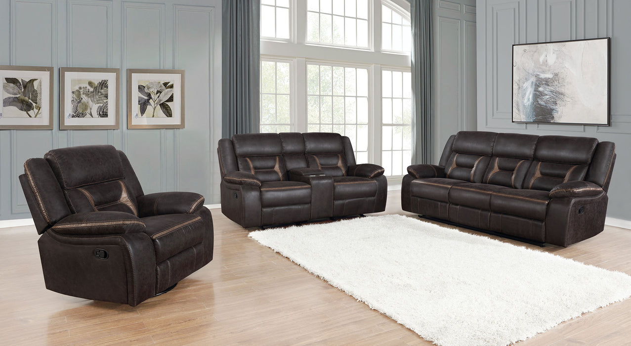 Greer Upholstered Motion Reclining Sofa Brown