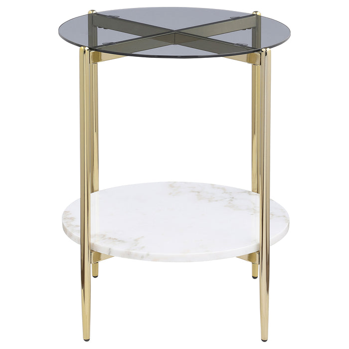 Jonelle Round Glass Top End Table White Marble Shelf Gold