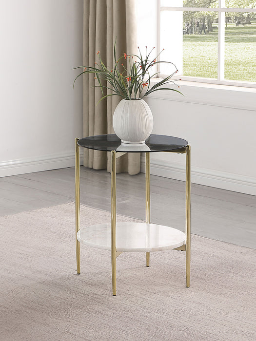 Jonelle Round Glass Top End Table White Marble Shelf Gold