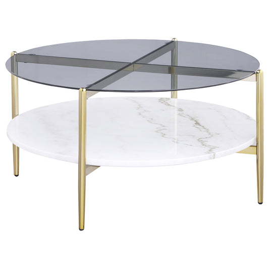 Jonelle Round Glass Top Coffee Table White Marble Shelf Gold
