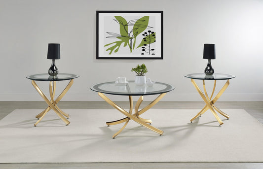 Brooke 3-piece Round Glass Top Coffee Table Set Brass