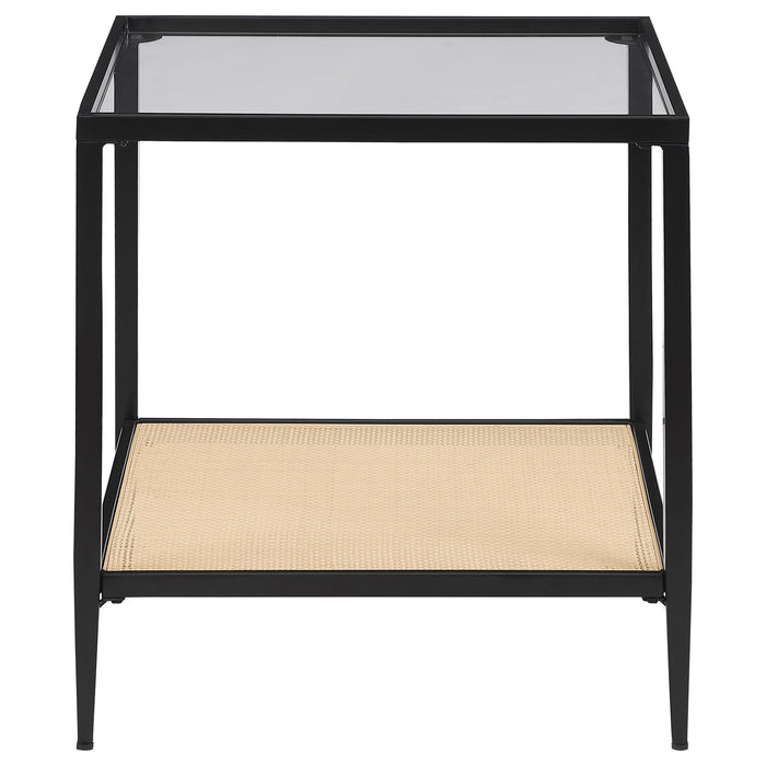 Amherst Glass Top Metal with Cane Shelf End Table Black