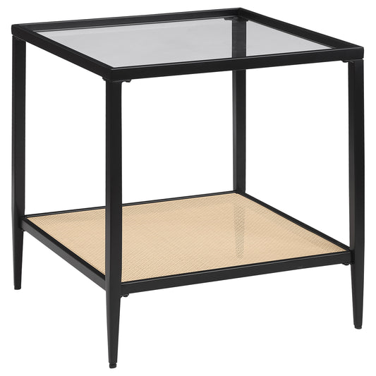 Amherst Glass Top Metal with Cane Shelf End Table Black