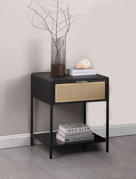 Amherst 1-drawer Radio Weave Cane Metal Bedside Table Black