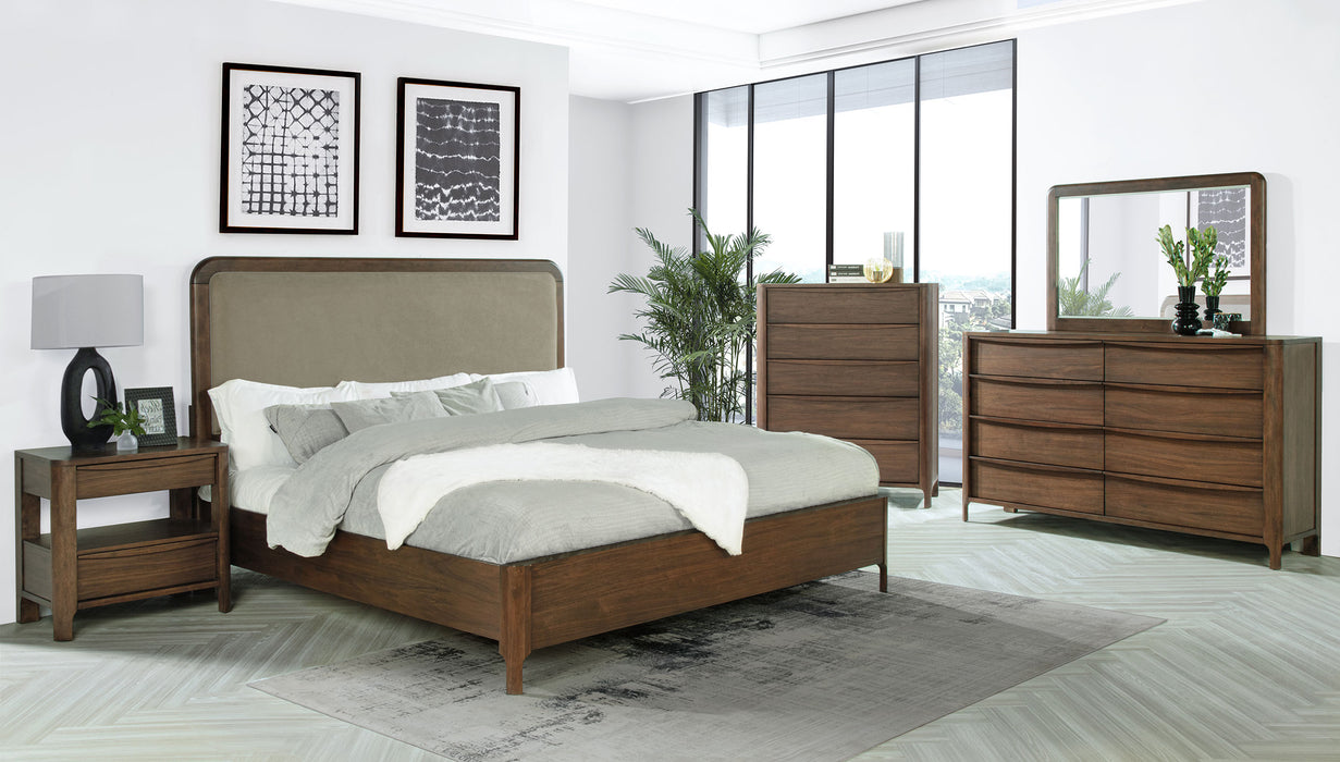 Maderia 57-inch Upholstered Eastern King Panel Bed Walnut