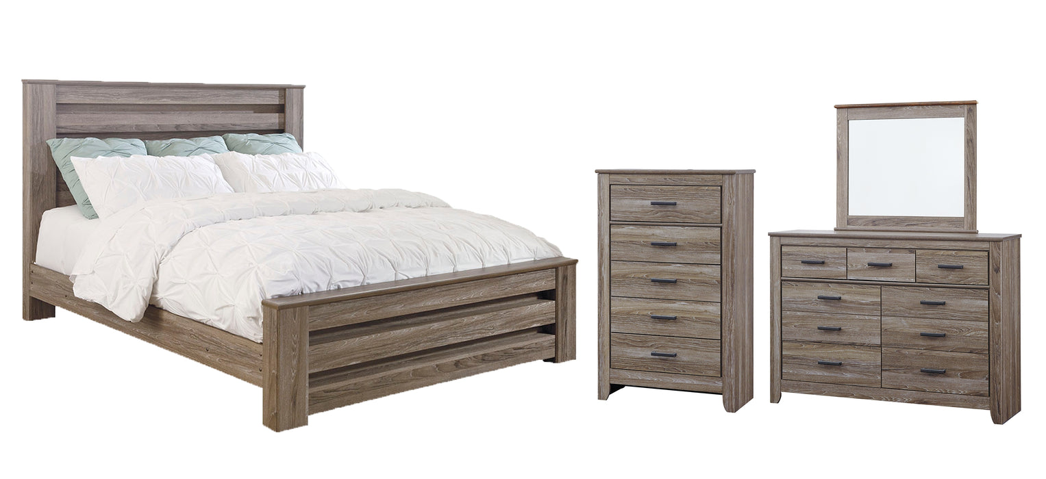 Zelen King Panel Bed with Mirrored Dresser and Chest