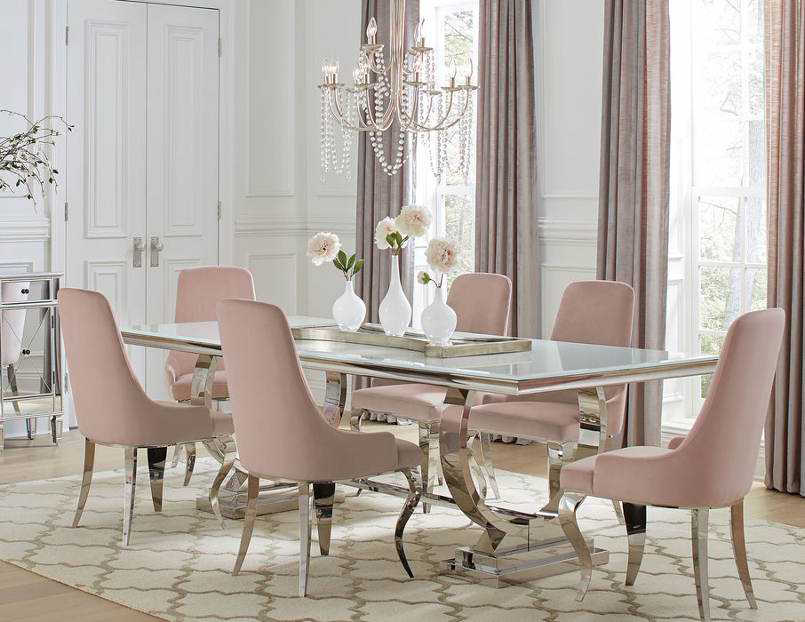 Antoine 7-piece Rectangular Glass Top Dining Table Set Pink