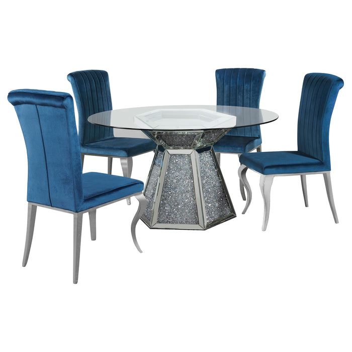 Quinn 5-piece Round Glass Top Mirrored Dining Set Teal