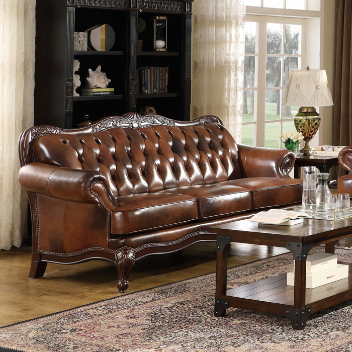 Victoria Full Leather Upholstered Rolled Arm Sofa Brown