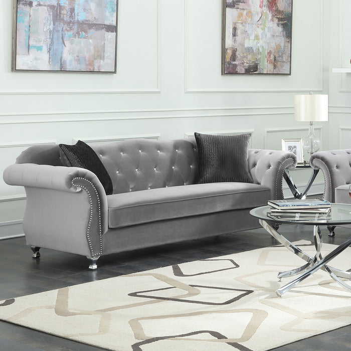 Frostine Upholstered Rolled Arm Tufted Sofa Silver