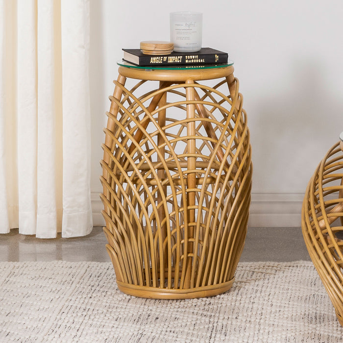 Dahlia Round Glass Top Woven Rattan End Table Natural