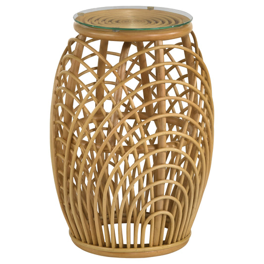 Dahlia Round Glass Top Woven Rattan End Table Natural