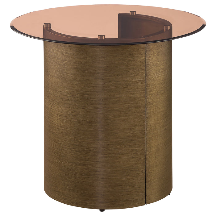 Morena Round Tawny Glass Top Side End Table Brushed Bronze