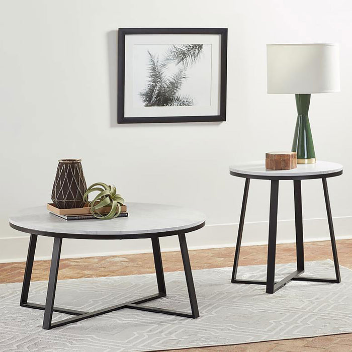 Hugo Round Faux Marble End Table White and Matte Black