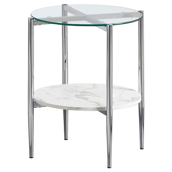 Cadee Round Glass Top End Table White and Chrome