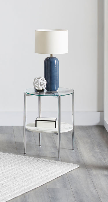 Cadee Round Glass Top End Table White and Chrome