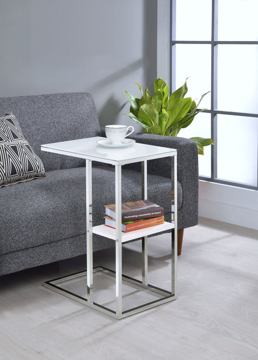 Daisy Glass Top C-Shaped Sofa Side Table White and Chrome