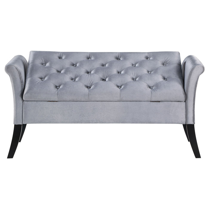 Farrah Velvet Upholstered Rolled Arm Storage Bench Silver