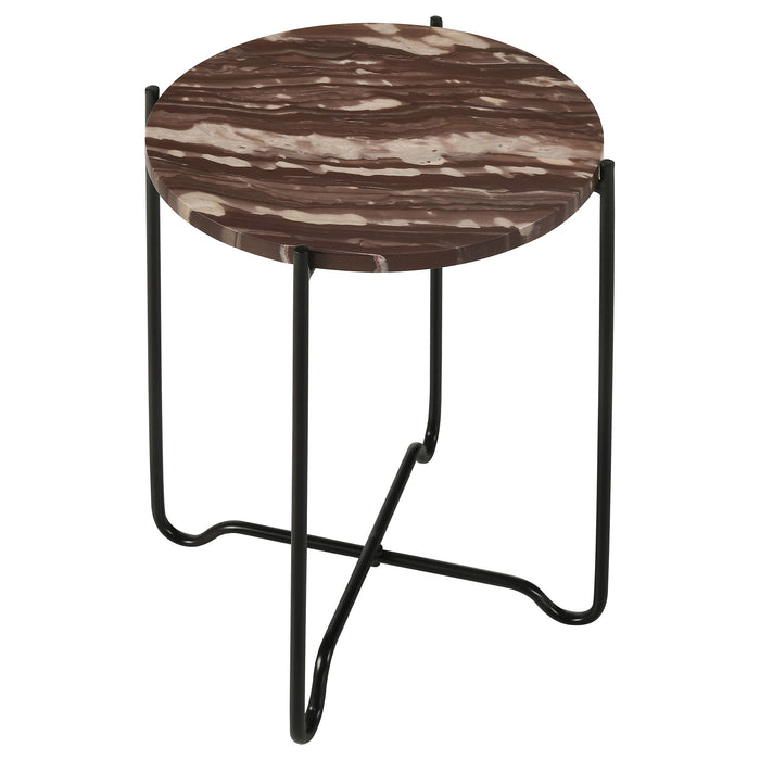 Latifa Round Marble Top Accent Side Table Red and Black
