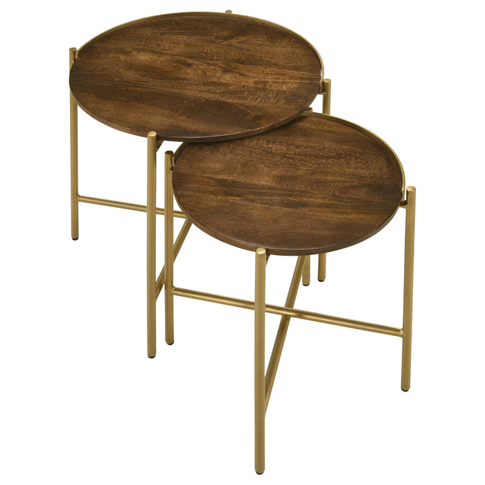 Malka 2-piece Round Wood Nesting Table Dark Brown and Gold