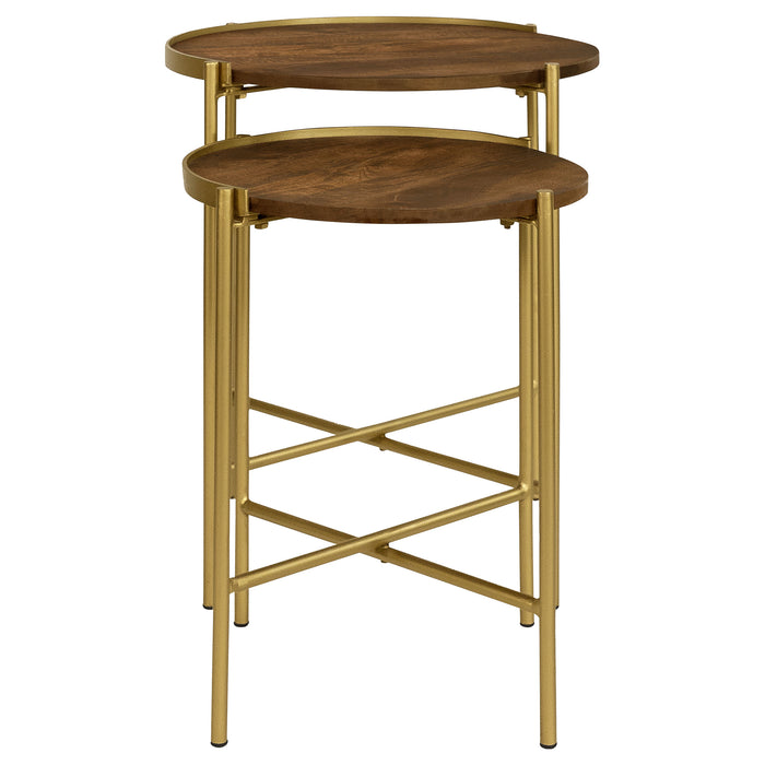 Malka 2-piece Round Wood Nesting Table Dark Brown and Gold