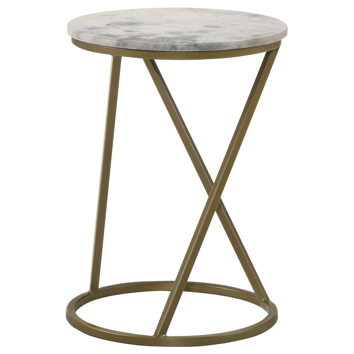 Malthe Round Marble Top Accent Side White and Antique Gold