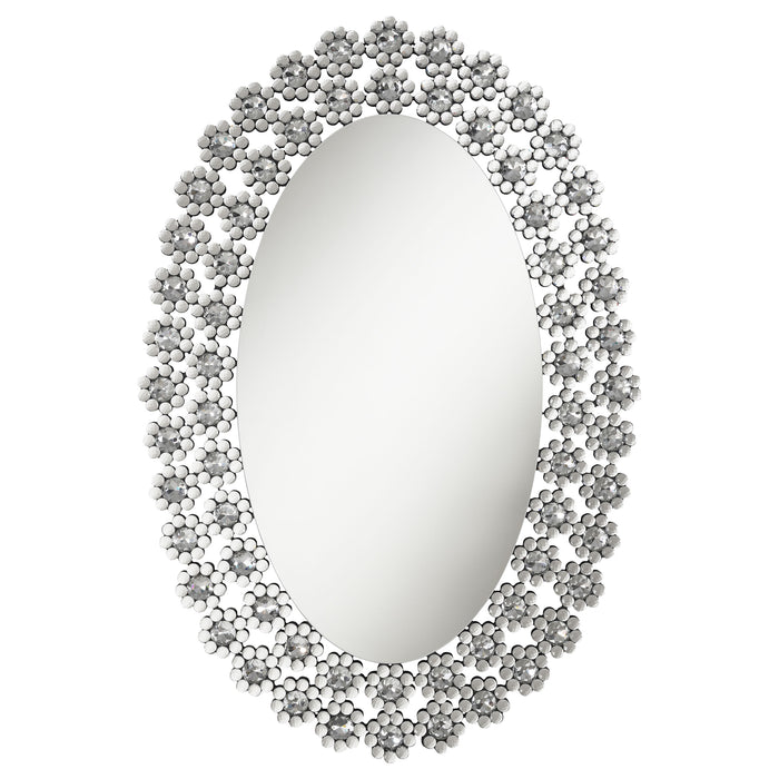 Colleen 31 x 47 Inch Oval Wall Mirror Crystal Flowers Silver